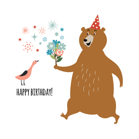 idea for birthday card design, Bear with bouquet and little Bird on white background, greeting cardのイラスト素材