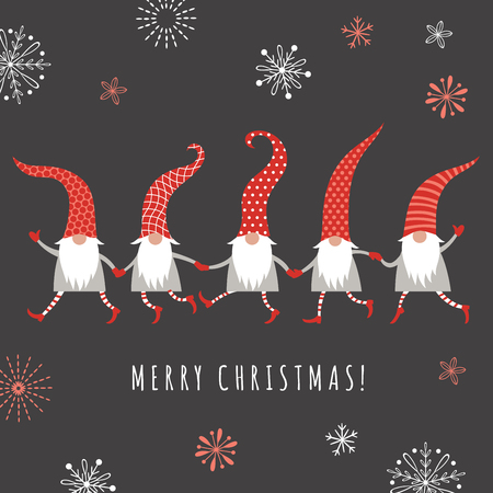 Christmas Card, Seasons greetings, cute Christmas gnomes in red hatsのイラスト素材