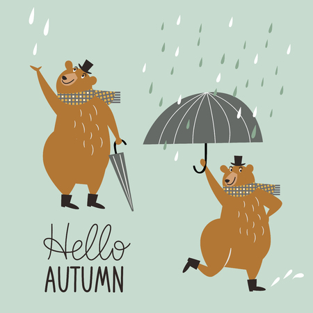 Hello Autumn, cute dancing bear in the rainのイラスト素材