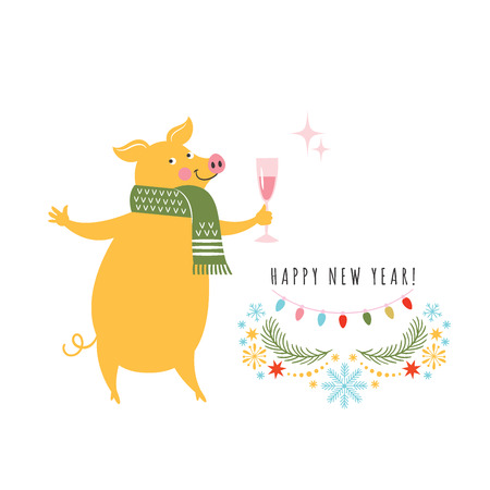 Happy New Year 2019, Chinese New Year greetings card, Year of the pig,のイラスト素材