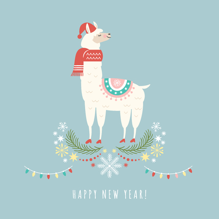Llama in red scarf and hat, vector illustration, greeting cardのイラスト素材