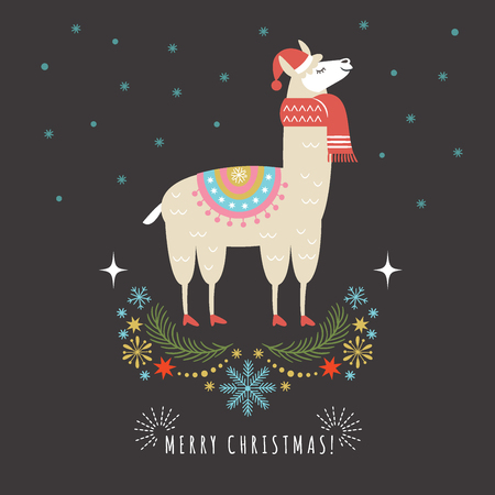Llama in red scarf and hat, vector illustration, greeting cardのイラスト素材