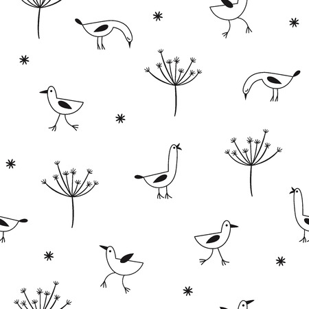 Seamless doodles pattern with hand drawn birds on a white backgroundのイラスト素材