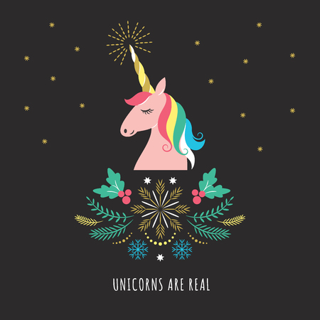 Merry Christmas or New Year greeting card with unicorn, vector illustration on black backgroundのイラスト素材