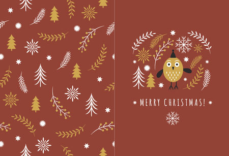 Merry Christmas Greeting card, Cute Owl, Vector illustrationのイラスト素材