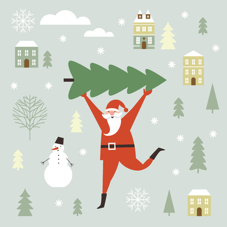 Santa Claus carry big Christmas tree. Greeting card. Merry Christmas and Happy New Year, flat vector illustrationのイラスト素材
