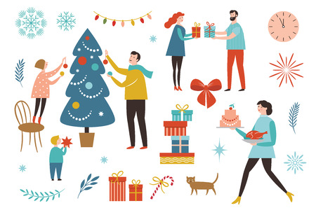 Winter Christmas scenery. Decorating Christmas tree. Merry Christmas and Happy New Year's card ideas.のイラスト素材