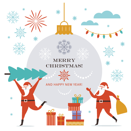 Santa Claus carry big Christmas tree and present sack. Greeting card. Merry Christmas and Happy New Year, flat vector illustrationのイラスト素材