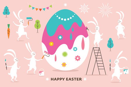 Easter scene, cute bunnies paint a big Easter Eggのイラスト素材
