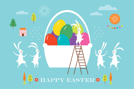 Easter scene, egg hunt, cute bunnies and big basket with eggsのイラスト素材