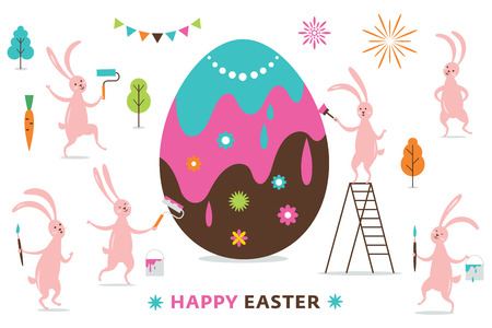 Easter scene, cute funny bunnies painting a big Easter Eggのイラスト素材