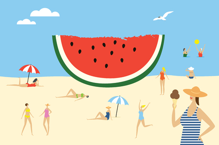 Women on the beach and big piece of watermelon. Vector summertime cartoon illustration.のイラスト素材