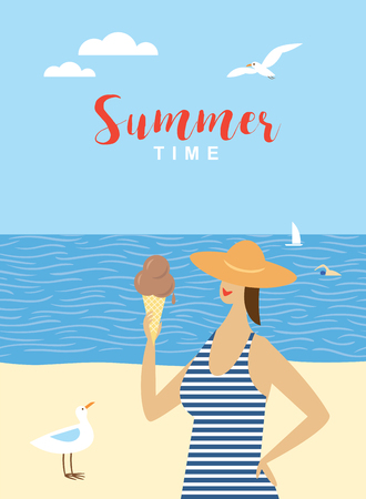 young woman with ice cream on the beach. Vector summertime cartoon illustration.のイラスト素材