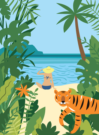 young woman on the beach and tigerのイラスト素材