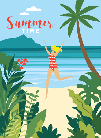 Young running woman on the beach.Vector summertime cartoon illustration.のイラスト素材