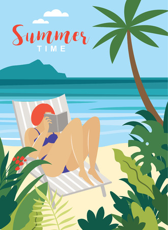 young woman reading the book on the beachのイラスト素材