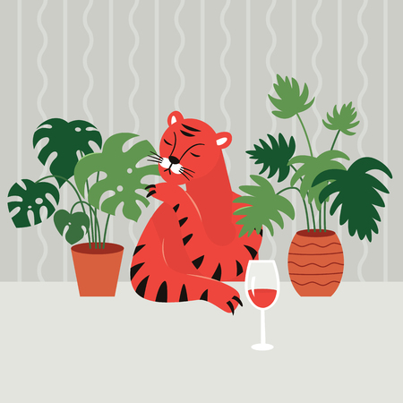 pensive tiger at the tableのイラスト素材