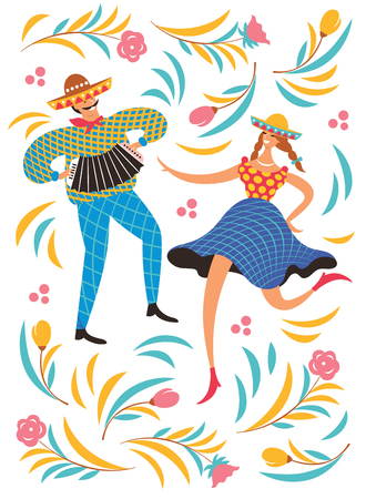 Festa Junina.The June party of Brazil. Festive Mood. Brazil carnival. Set of  festive vector elements, dansing man and womanのイラスト素材