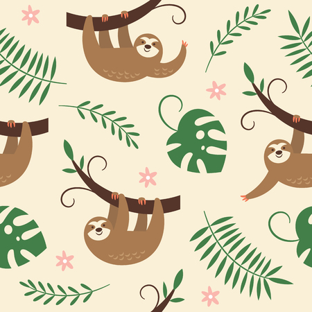 cute sloths hanging on the tree, seamless patternのイラスト素材