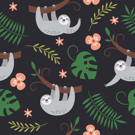 cute sloths hanging on the tree, seamless patternのイラスト素材