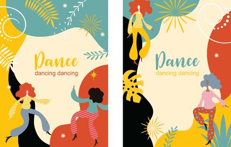 vertical banners with dancing women, stylized figures of dancing peopleのイラスト素材