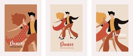 set of vertical banners with dancing couple, stylized figures of dancing woman and manのイラスト素材