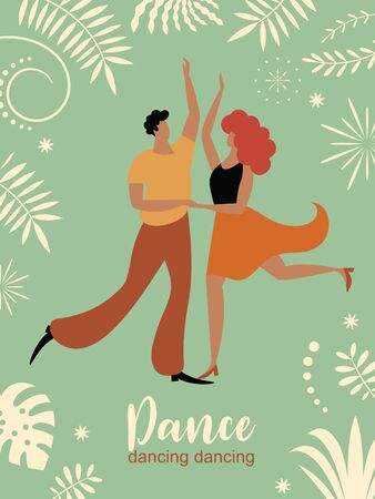 vertical banner with dancing couple, stylized figures of dancing woman and man, ivitation, cover design, posterのイラスト素材