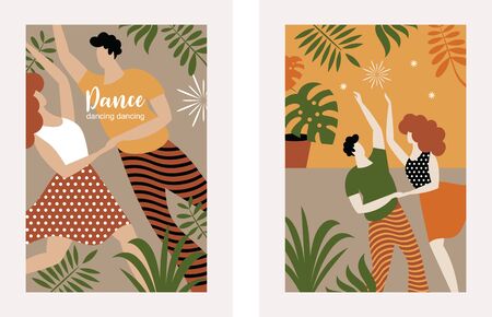 vertical banners with dancing couple, stylized figures of dancing woman and manのイラスト素材