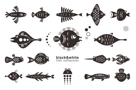 Set of black and white stylized fishes . Collection of abstract fish logo designのイラスト素材