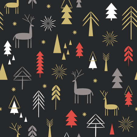 seamless Christmas pattern. Christmas deer, snowflakes, forest, treesのイラスト素材