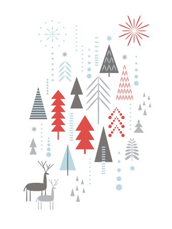 Christmas card . Stylized Christmas deers, snowflakes, forest, Christmas treesのイラスト素材