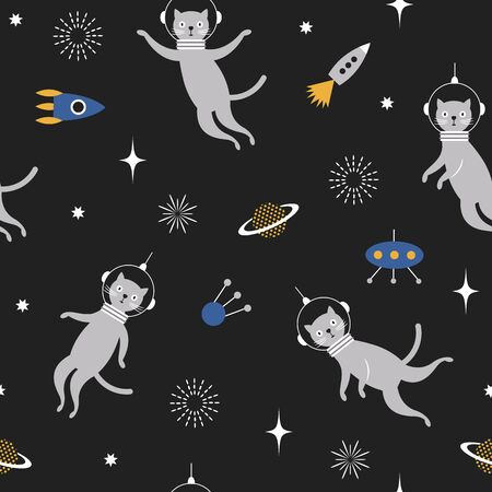 Seamless pattern with Space Cats. Spacemen. Idea for stacionery design, fabric, wallpaperのイラスト素材