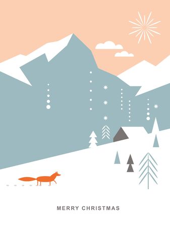 Christmas card . Stylized Christmas fox, mountains, snowflakes, Christmas trees, landscape, simple minimalistic scandinavian styleのイラスト素材
