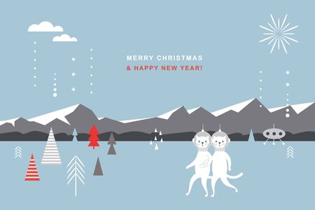 Greeting card, Happy New Year, Christmas card, banner, poster design. Couple of cute cats spacemen, winter landscape, mountains.のイラスト素材