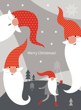 Christmas Card, Seasons greetings , cute Christmas gnomes in red hatsのイラスト素材