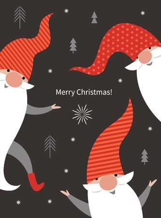 Christmas Card, Seasons greetings , cute Christmas gnomes in red hatsのイラスト素材