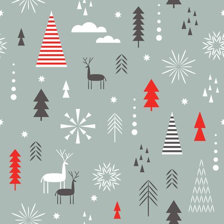 Seamless Christmas pattern. Stylized Christmas deers, snowflakes, forest, trees. Idea for fabric , tablecloth pattern. Seamless Christmas pattern.のイラスト素材