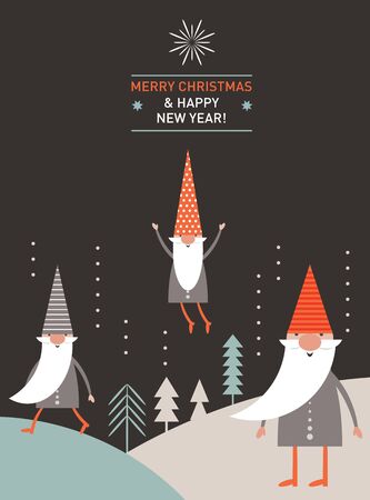 Christmas Card, Seasons greetings, cute Christmas gnomes in red hatsのイラスト素材
