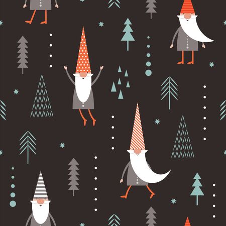 Seamless pattern with cute Gnomes. Christmas background, Season greeting, idea for wrapping paper, gifts boxes, wallpaperのイラスト素材