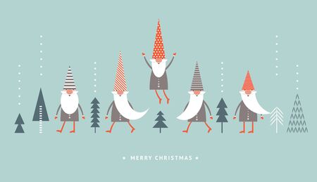 Christmas Card, Seasons greetings, cute  Gnomes in red hats on blue backgroundのイラスト素材
