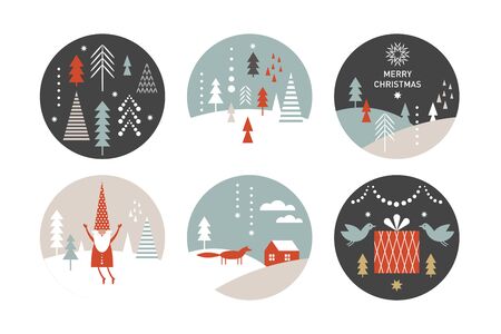 set of round label with winter and Christmas illustrations. Happy New Year, Greeting cardsのイラスト素材