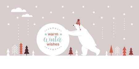 Big white bear in red knitted hat rolls a snowball, Christmas Card, Seasons greetings illustration, horizontal bannerのイラスト素材