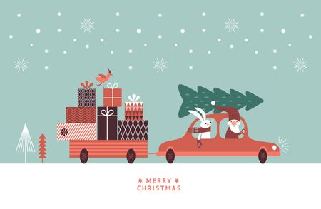 Christmas illustration. Santa and rabbit in knitted scarf are going by car and carry gifts and christmas tree