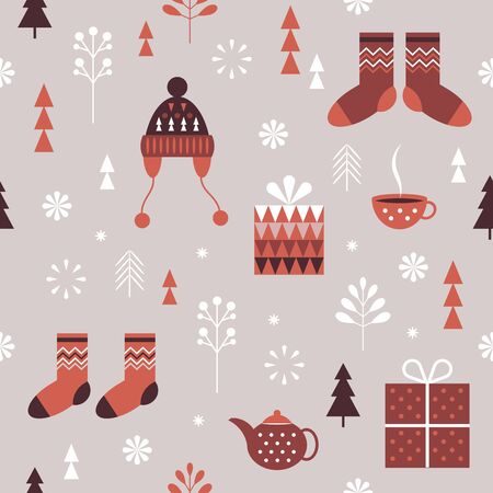 Seamless Christmas pattern. Stylized Christmas gift boxes, snowflakes, knitted hats, socks. Idea for fabric, tablecloth pattern, wrapping paper, gift paperのイラスト素材