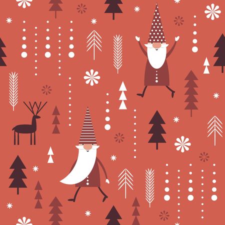 Seamless Christmas pattern. Stylized Christmas trees, snowflakes, Christmas deers, cute gnomes. Idea for fabric, tablecloth pattern, wrapping paper, gift paper etc.のイラスト素材
