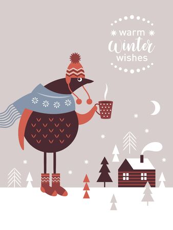 Christmas card. Cute bird in knitted scarf with cap of hot tea. Little house, cozy wintery sceneのイラスト素材