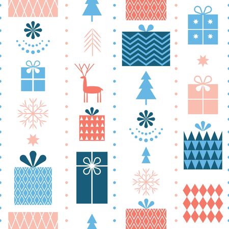 Seamless Christmas pattern . Stylized Christmas gift boxes, snowflakes, trees. Idea for fabric, tablecloth pattern, wrapping paper, gift paperのイラスト素材
