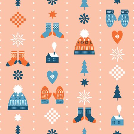 seamless christmas background, winter knitted hats, mittens and socksのイラスト素材