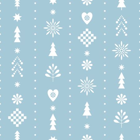 seamless Christmas pattern with stylized snowflakes and trees in one color blueのイラスト素材