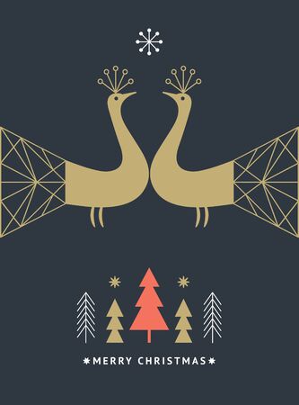 Greeting card. Two fairy birds with big tails in geometric styleのイラスト素材